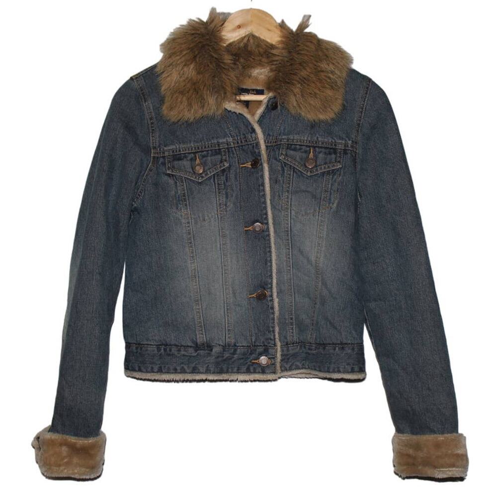 Abercrombie & Fitch Blue Brown Faux Fur Trucker Jean Jacket Coat Womens Size M